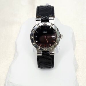 Movado Vizio Women's Quartz Watch W Black Dial, Diamond Bezel, Leather Band READ